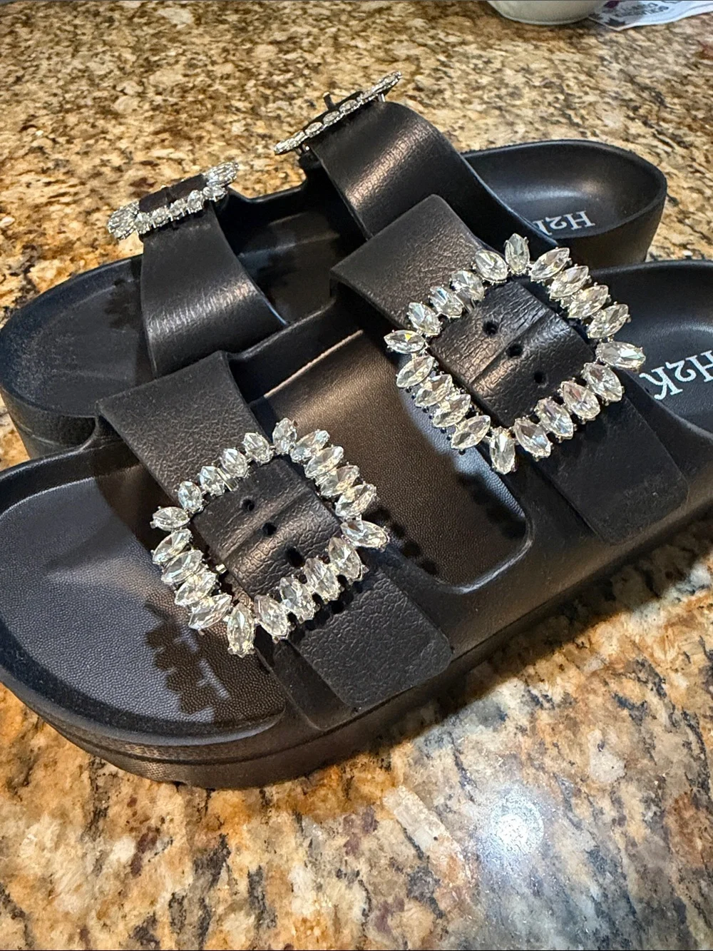 Black Crystal Buckle Double-Strap Slide Sandals 6.5 NWOT
